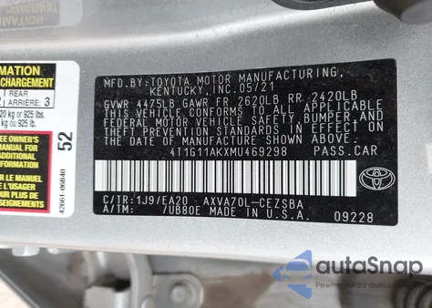 2021 Toyota Camry Se из США, поврежденный, VIN 4T1G11AKXMU469298